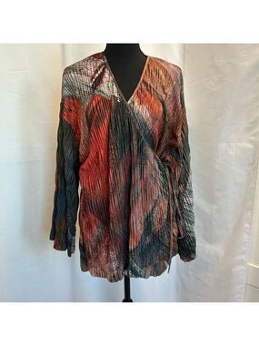 Zara multicolored abstract print pleated kimono sleeve wrap blouse top M NWOT